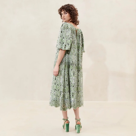 NEW LOEFFLER RANDALL Mimi Green Oversized Puff-Sleeve Dress Size Medium - Picture 3 of 7